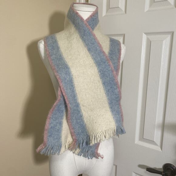 Vintage 100% Wool Scarf Spelana Ireland Pink Blue Cream Stripe 53” x 7.5” Fringe - Picture 1 of 3